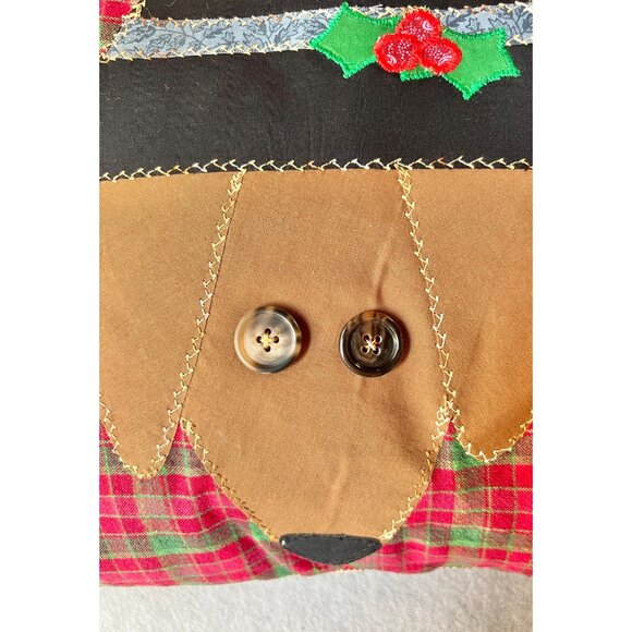 Handmade12x12 Dachshund Pillow Button Eyes Holly On Hat Plaid Front & Cream Back - Picture 3 of 5